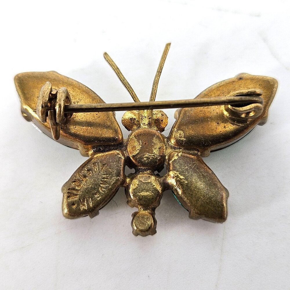 Vint 1950s Austria Brooch Pin Butterfly Green Crystal Rhinestones Red Eyes Gold - Picture 3 of 7